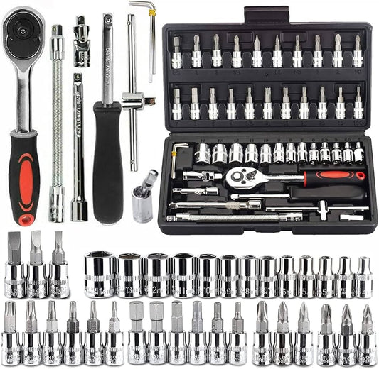 46 pcs Socket Wrench Set 1/4"Drive Metric Mechanic Tools Kit Bit Ratchet Sockets with Extension Bar for Automotive, Car, Bike,